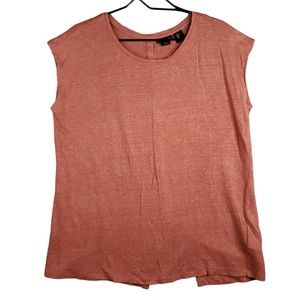 Tahari Linen Knit Top Womens L Coral  Button Back Scoop Neck Cap Sleeve